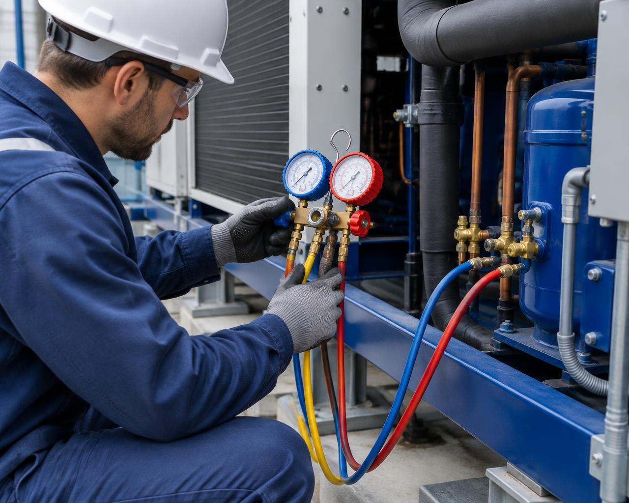 Illustrative HVAC diagnostic work using manifold gauges on commercial equipment