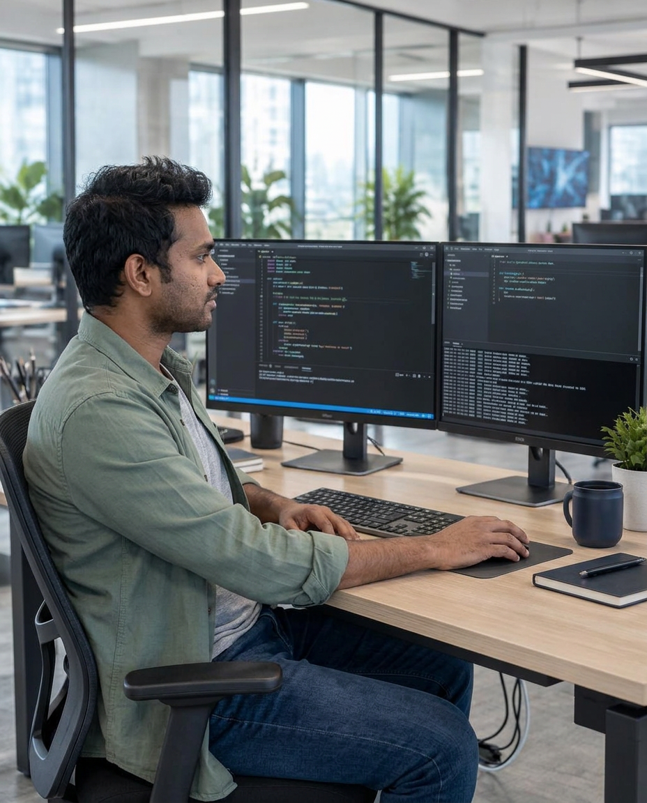 IT professional working with code and cybersecurity dashboards in an office
