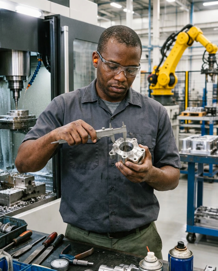 Manufacturing engineer measuring a machined component beside factory equipment
