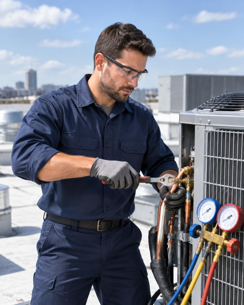 HVAC technician servicing air-conditioning equipment with tools and gauges