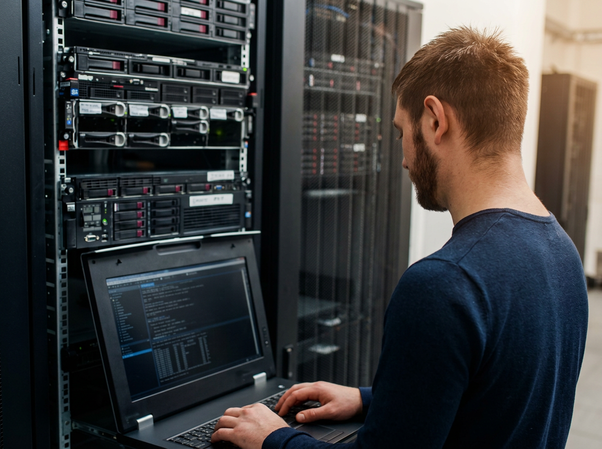 Technology professional working beside production server infrastructure