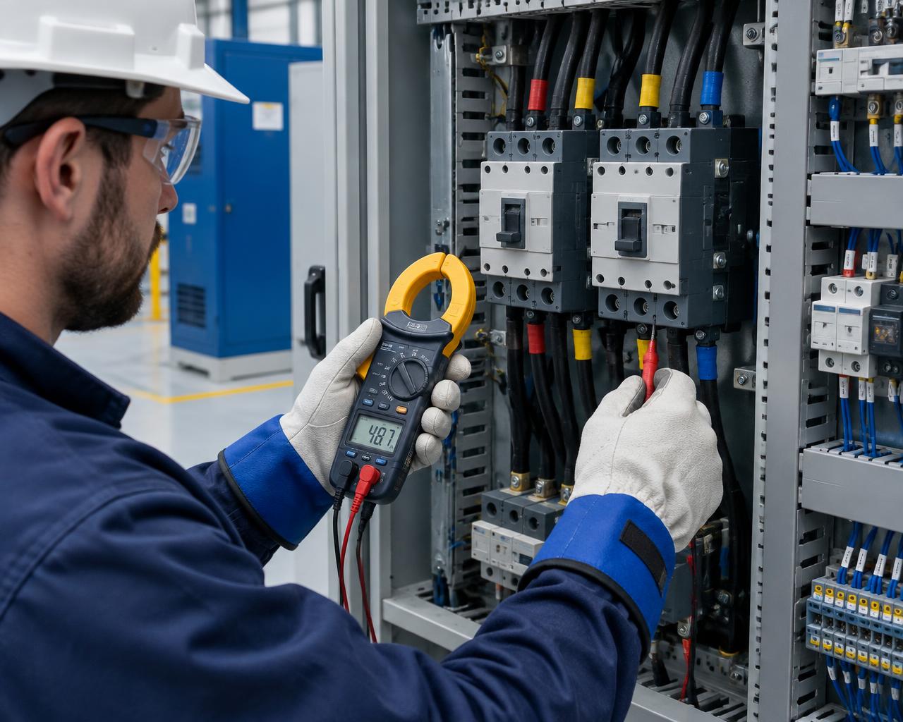 Illustrative electrical diagnostic work with a clamp meter and proper protective equipment