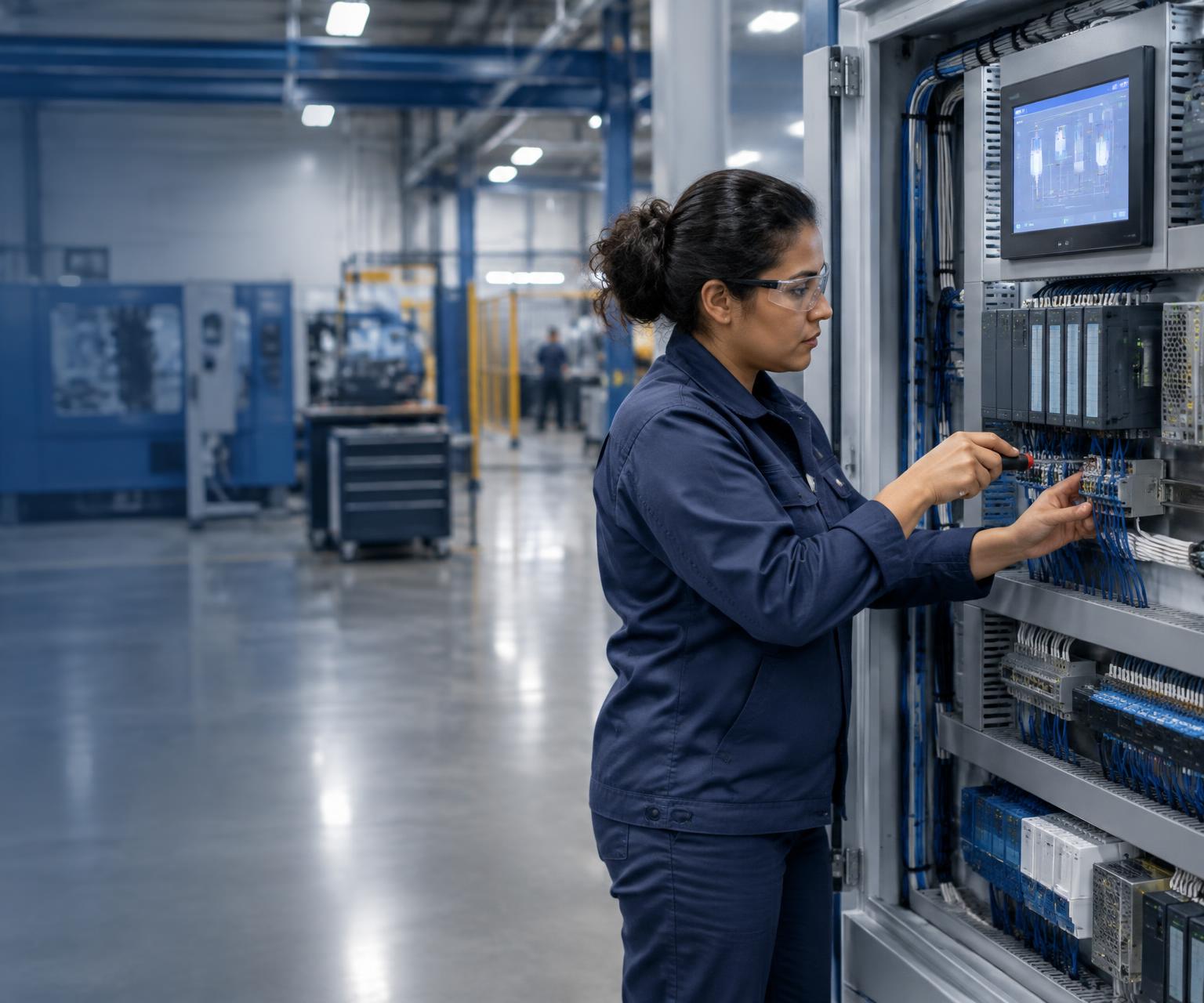 Illustrative controls specialist working inside an industrial automation cabinet