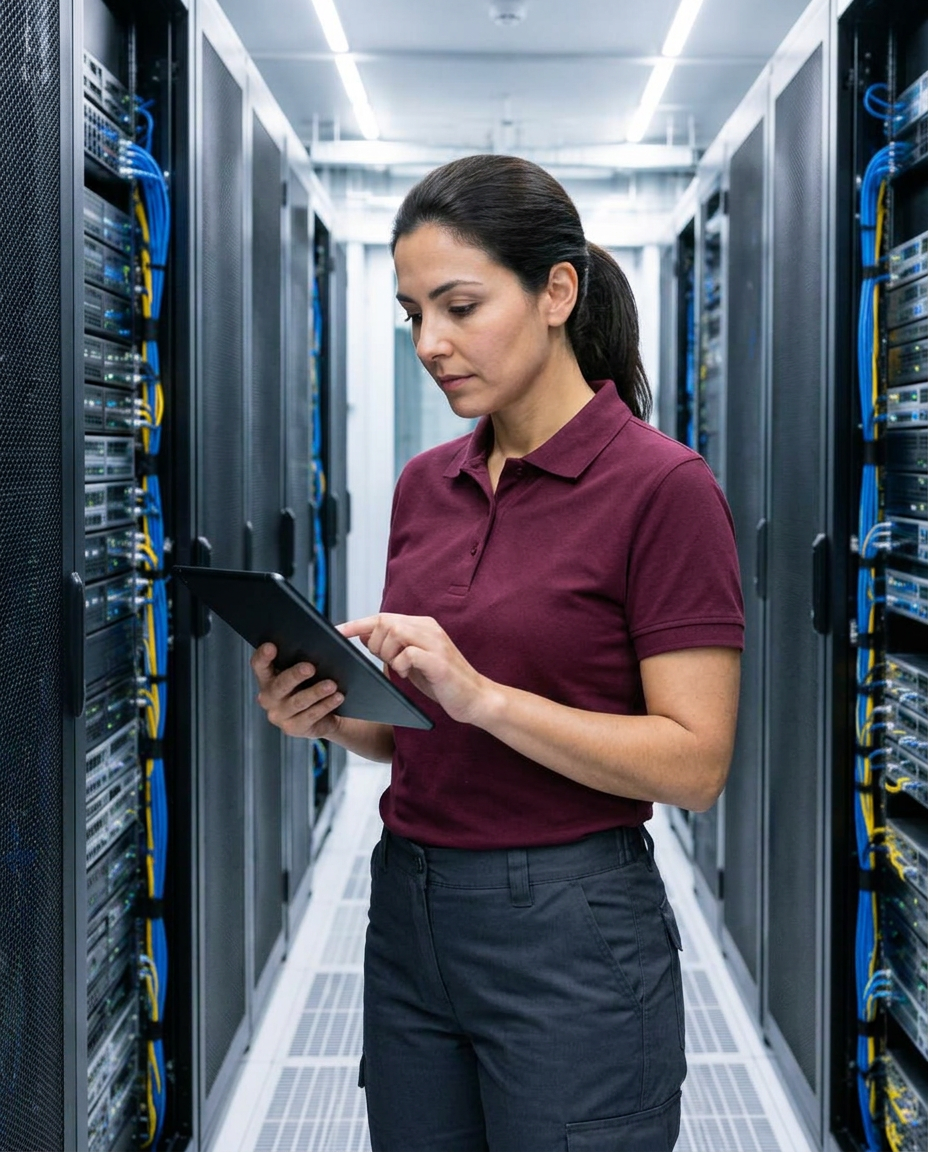 Data-center technician inspecting server infrastructure with a tablet