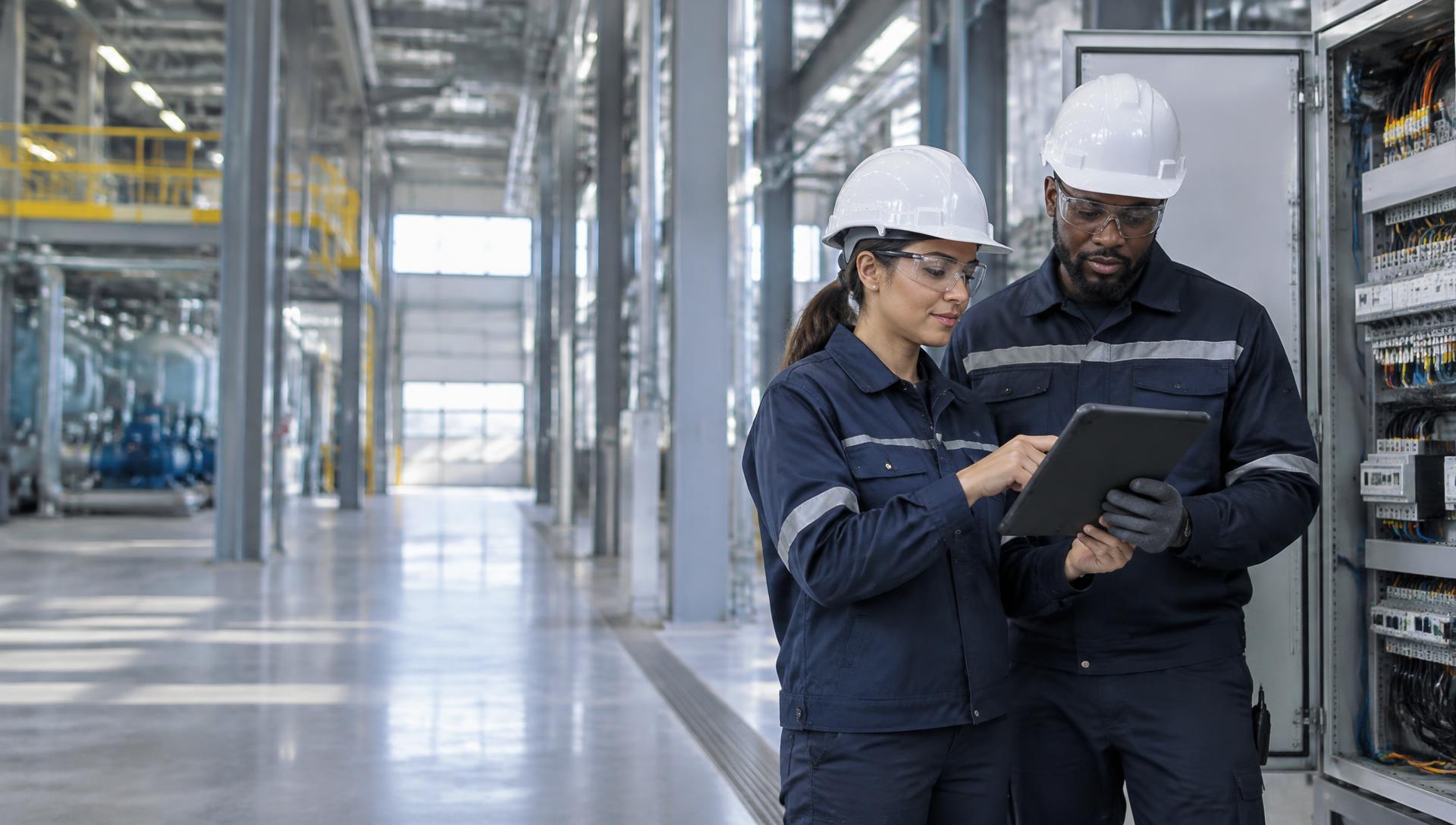 Technical professionals reviewing equipment in an industrial facility